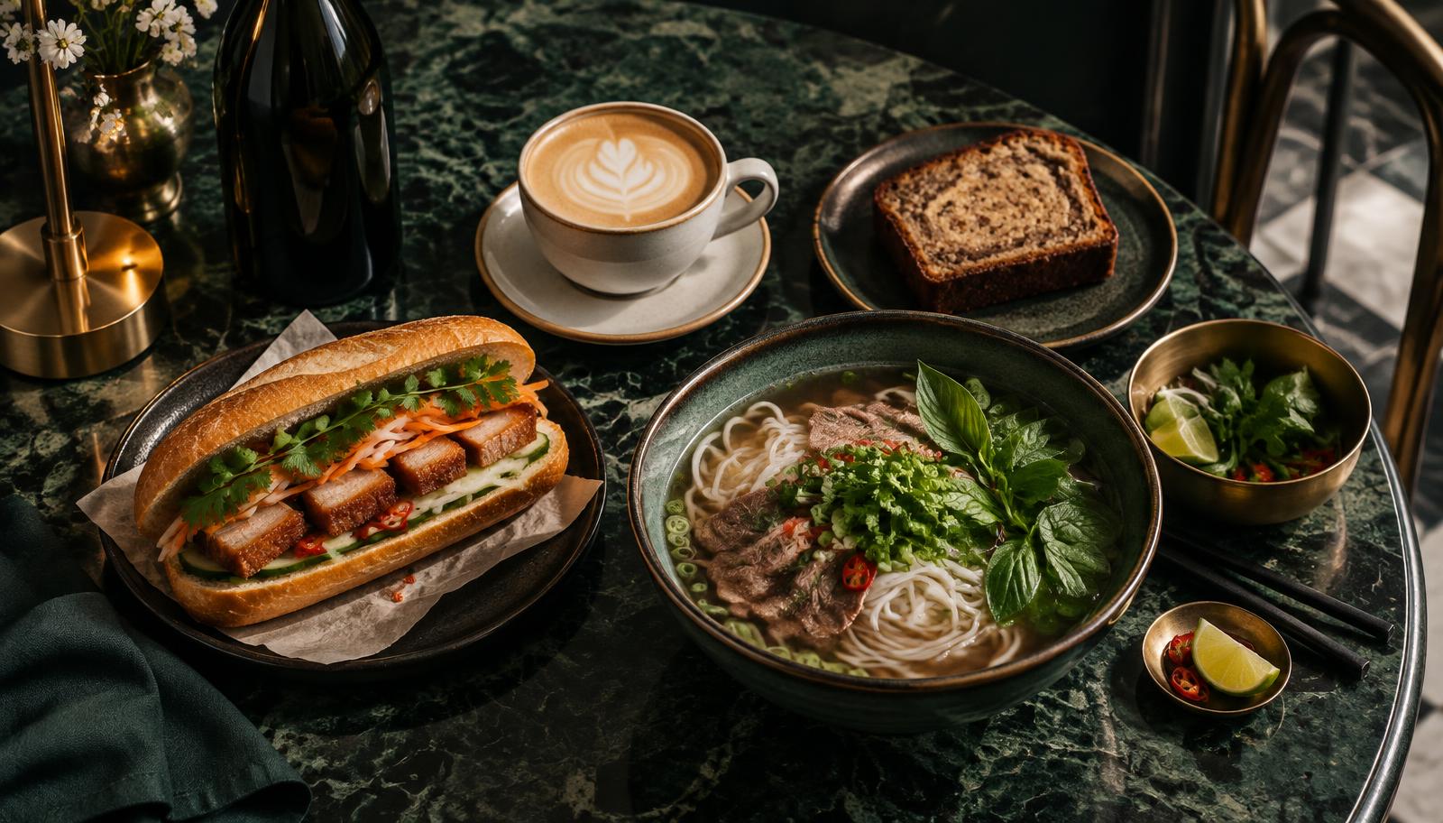 Banh mi, pho, coffee and banana bread on green marble